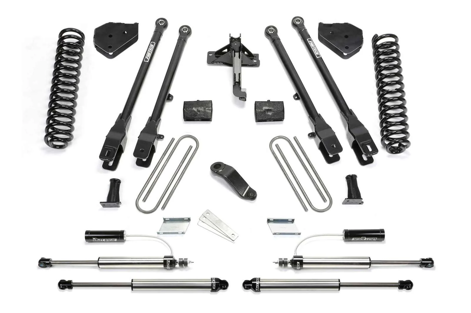 Fabtech 4" 4 Link System w/Front Dirt Logic 2.25 Reservoir Shocks & Rear 2.25 Shocks Kit for 2017-2024 Ford F250 Super Duty 4WD w/4" lift